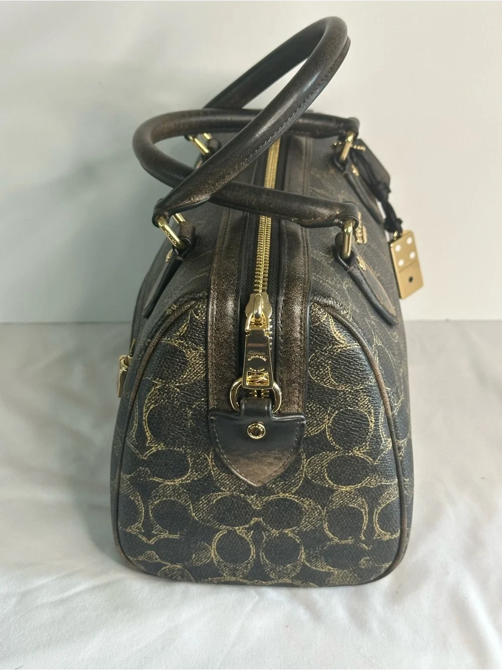 Coach Rowan Satchel Bag In Loved Signature Canvas With Charms Brown and Gold